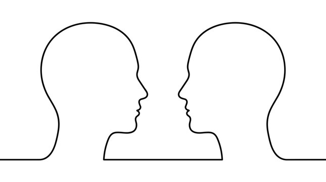 Simple continuous line drawing showing two human faces looking at each other in profile