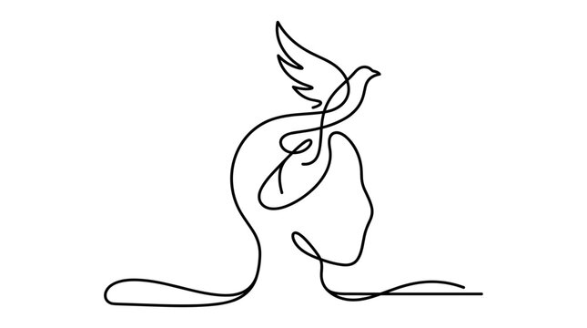 Minimalist continuous line art of human head profile with flying bird emerging from mind
