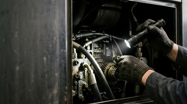 Close up of mechanic hands in dirty gloves using a flashlight to inspect machinery gears. Technician performing maintenance and repair service on heavy equipment