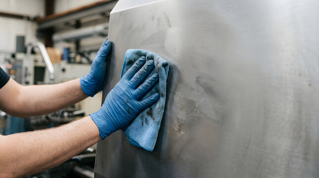 Close up of worker hands in blue gloves cleaning metal surface. Technician wiping machinery with microfiber cloth. Industrial maintenance and repair service