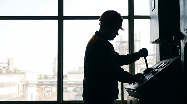 Silhouette of industrial worker operating machinery control panel. Male engineer in hard hat working by large window in factory. Manufacturing plant operator