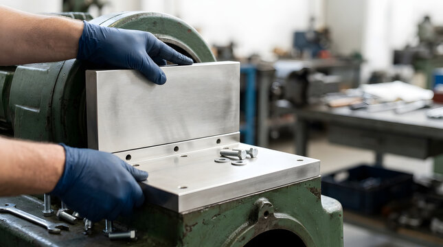 Close up of mechanic hands in blue gloves assembling heavy machinery. Technician installing metal block with bolts. Industrial equipment repair service