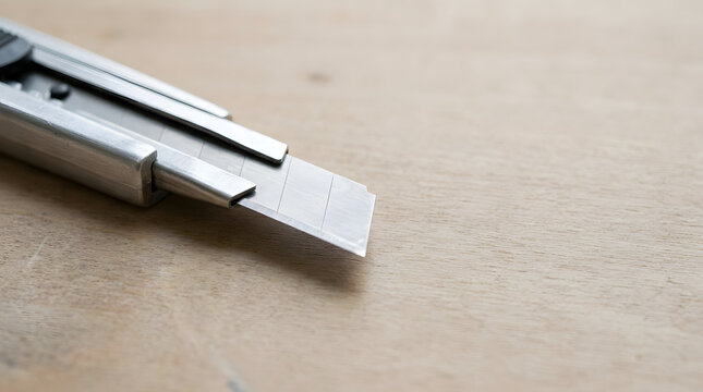 Close up of silver utility knife with extended blade on wooden table. Sharp metal box cutter tool on wood background. Copy space for text