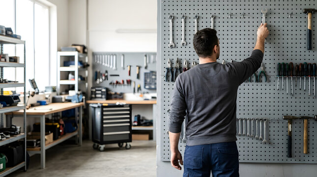 Male mechanic taking wrench from organized tool pegboard. Technician working in bright repair workshop. Industrial maintenance and garage service concept