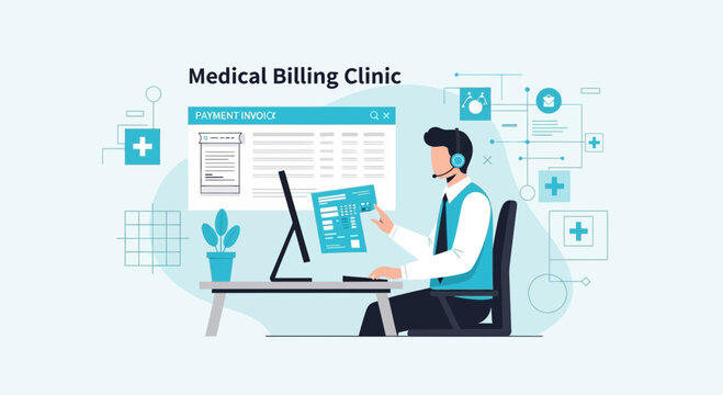Medical Billing Clinic: Professional Analyzing Healthcare Invoices and Patient Records