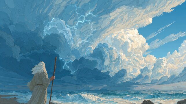 Dramatic Sky Over an Ocean with Figure Holding a Staff