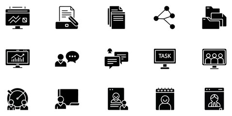 Fototapeta premium Business management icons set. Professional office workflow and digital communication symbols.