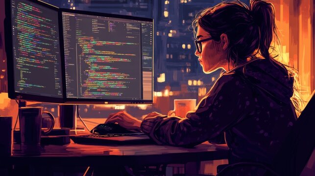 programmer working on computer with dual monitors in office at night