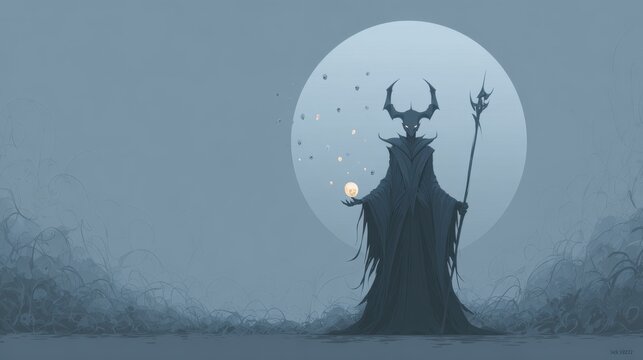 Mysterious figure in dark cloak against a full moon backdrop