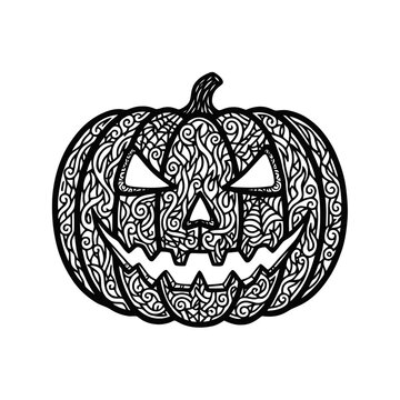 Halloween pumpkin jack-o-lantern with ornate patterns. Decorative spooky gourd line art vector.