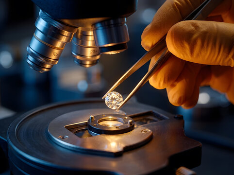 Gemologist Examining Diamond Under Laboratory Microscope | Diamond Quality Assessment Under High Magnification Microscope | Scientific Inspection of Polished Diamond Gemstone with Tweezers | High Tech