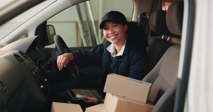 Logistics, face and woman with tablet in delivery van for distribution, supply chain or reliability. Boxes, happy worker and digital app in transport for courier service, package dispatch or shipping