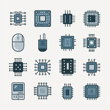 A minimalistic vector icon set of circuit board elements suitable for digital design projects including websites, logos, apps, and UI templates, clear and modern style.