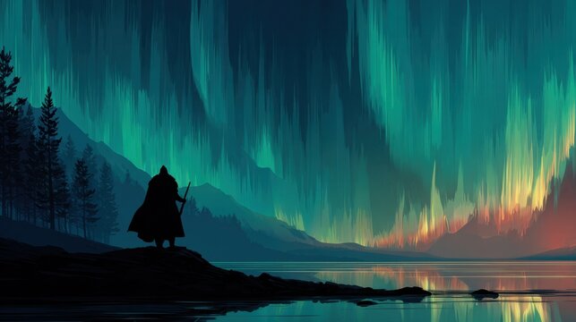 Silhouette of a Hunter Under Colorful Northern Lights Reflection