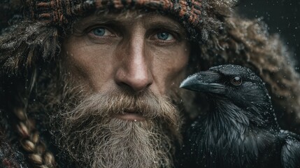 Naklejka premium Intense Portrait of a Man with a Raven in Winter Setting