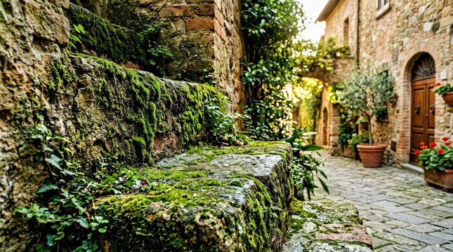 Mossy Stone Bench in Old European Town Alley