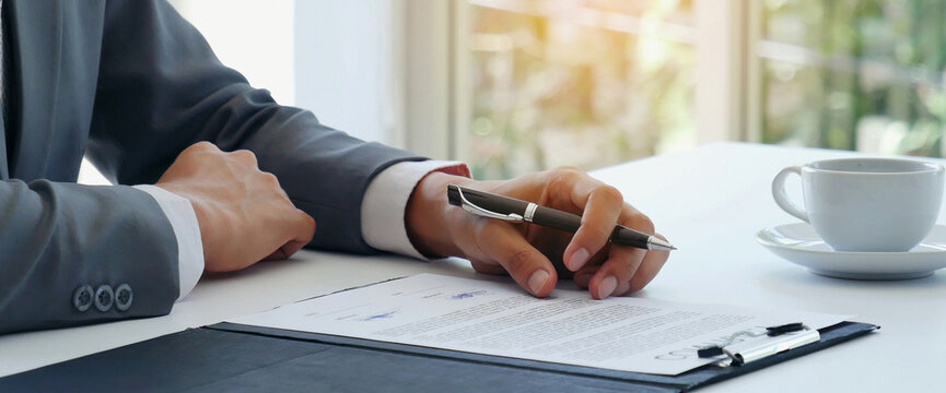 Banner Man working from home using laptop online meeting home office. Businessman hands typing keyboard use notebook computer laptop freelance. Banner Man reading financial business report copy space