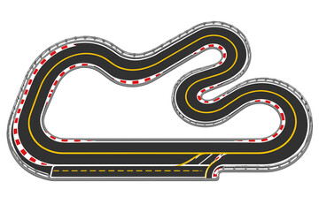 Fototapeta premium Top-Down Vector Illustration of a Winding Race Track with Safety Barriers and Checkered Curbs, Perfect for Racing Game Graphics and Motorsport Event