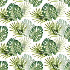 Watercolor illustration of monstera leaves and palm fronds arranged in a seamless tropical botanical pattern. Ideal for fabric, textile, wallpaper, wrapping paper, packaging, stationery and home decor © Alona