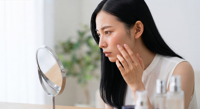 Asian woman looking in mirror and worrying about her skin problems