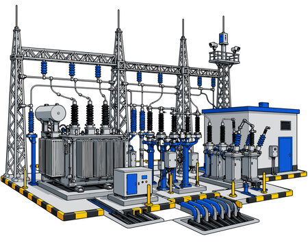 Industrial Electric Power Substation Generating High Voltage Transmission, Electricity Distribution, Energy Transformation, and Grid Infrastructure