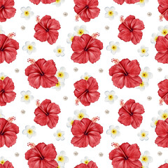 Red hibiscus and white plumeria seamless tropical pattern with pearl accents. Hand painted floral summer illustration for fabric, wallpaper, wrapping paper, packaging, stationery, swimwear and beach d © Alona