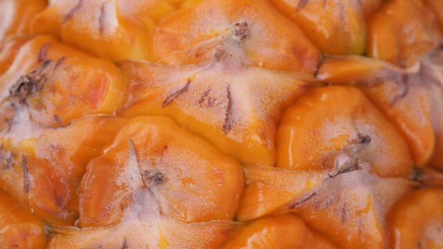 Extreme close-up rotating macro shot of pineapple skin, showing detailed texture and pattern.