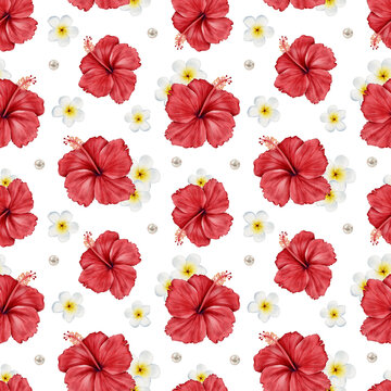 Red hibiscus and white plumeria seamless tropical pattern with pearl accents. Hand painted floral summer illustration for fabric, wallpaper, wrapping paper, packaging, stationery, swimwear and beach d