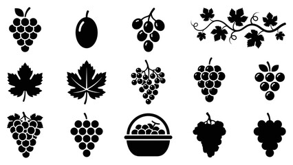 Fresh grapes icon set with grape bunches leaves vine grape basket and berry fruits vector © GFX