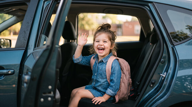 Happy little girl waving from car window with backpack, child going to school or travel, smiling kid in vehicle, family transportation concept, childhood, education, safety and everyday lifestyle