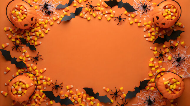 Halloween candy corn fills small jack-o-lantern buckets arranged in a border on an orange surface.