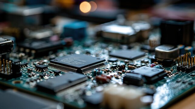 A detailed close-up of computer components showcasing microchips and circuitry, representing advanced technology and digital hardware.