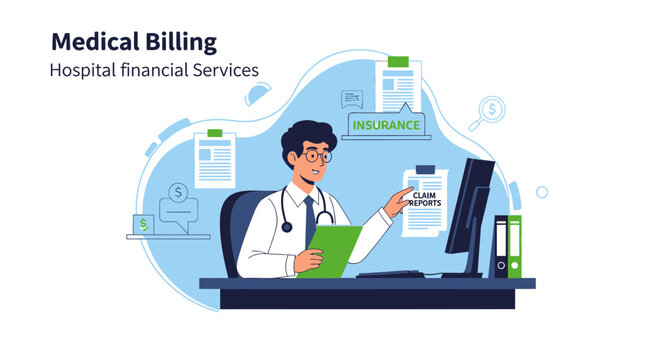 Doctor Working on Medical Billing and Insurance Claims at Hospital Financial Services Desk