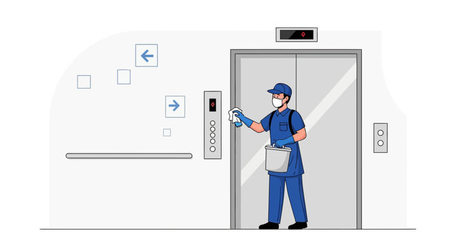 Elevator cleaning, sanitation worker disinfecting buttons, hygiene concept, pandemic prevention