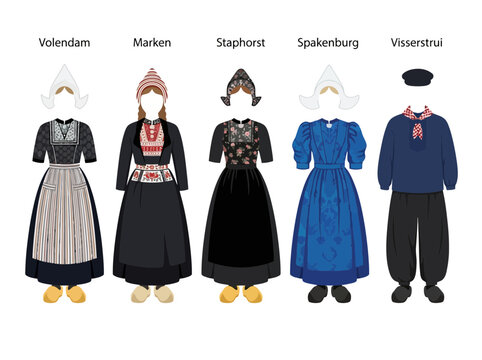 Illustration of traditional Dutch regional costumes from five different locations.
