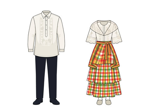 Traditional Filipino clothing illustration featuring a Barong Tagalog and a Maria Clara dress for formal cultural events.