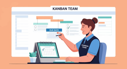 Fototapeta premium Kanban Teamwoman Organizing Tasks on Project Board and Calendar