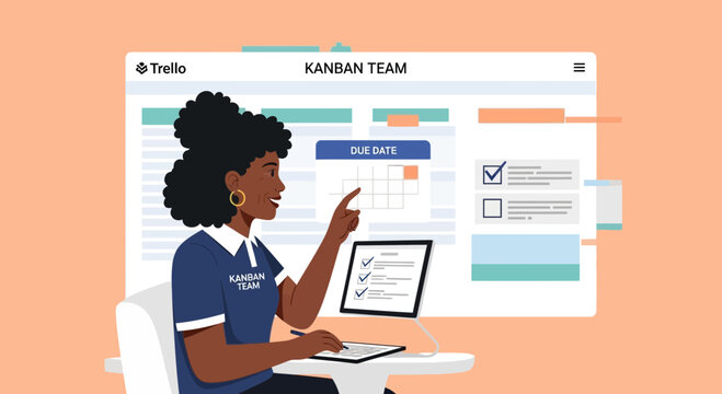 Kanban Team woman managing tasks on Trello board