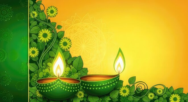 Beautiful diwali background with lit oil lamps and floral decorations for the festival of lights celebration