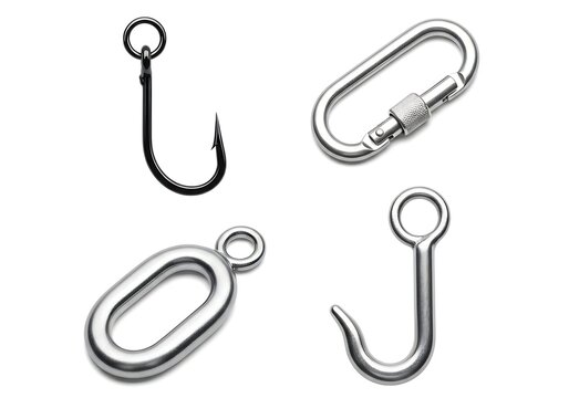 Assorted metal fishing hooks and carabiners