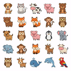 Obraz premium A set of cute cartoon animals and wild creatures collection 