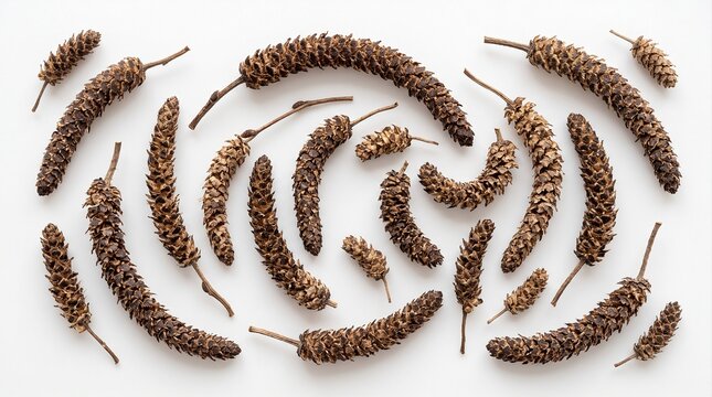 Natural dried alder catkins arranged in a spiral composition isolated on white background for botanical and seasonal concepts.