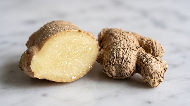Fresh ginger root sliced open beside dried ginger root showing texture contrast on marble surface