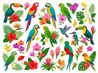 Fototapeta premium A vibrant collection of tropical birds and exotic flowers.