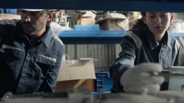 Maintenance Technicians examine robotic arm spare parts under warehouse rack, using tablet for parts identification, inventory control, replacement planning, repair workflow.