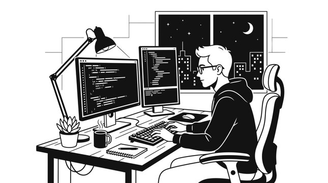 Programmer Working Late Night on Computer, Coding Software