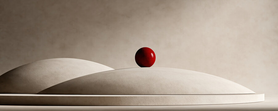 Abstract sculpture with curved matte form and red sphere, minimal studio backdrop