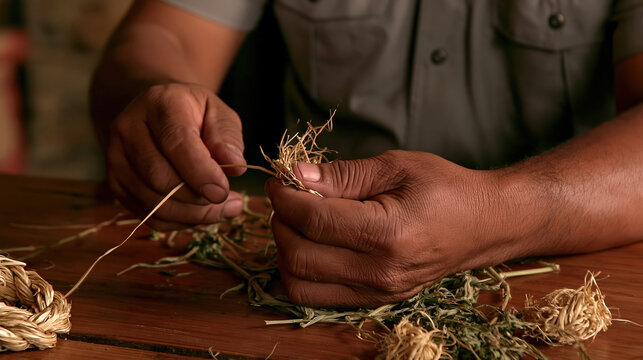 Adult artisan weaving natural fibers by hand in traditional craft process, close up of hands