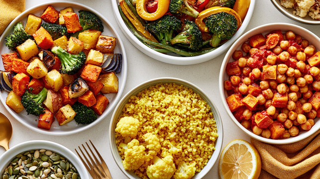 Colorful plant based meal preparation of roasted vegetables, chickpea bowl and grain on table