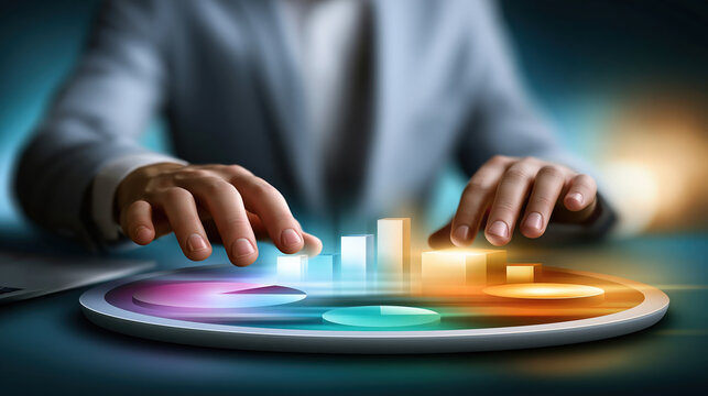 Digital dashboard analytics with hands, glowing chart and data visualization for business decision making